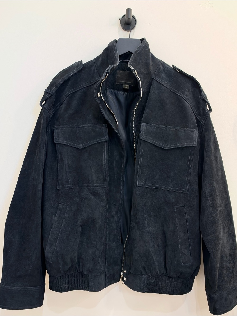 Zara Navy Blue 100% Suede Bomber Jacket
